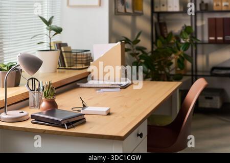 Moderner Arbeitsbereich mit Holzschreibtisch mit geschlossenen Notizbüchern, Stifthalter, Schreibtischlampe, externer Festplatte und Topfpflanzen in Fensternähe mit Tageslicht Stockfoto