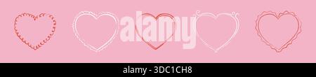 Set von Valentinstag Herzform handgezeichnet Buntstift Kritzele niedliche Koketten Rahmen. Geschwungene, wellige, freihändig mädchenhafte romantische Grenzen. Kindisch Stock Vektor