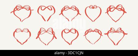 Handgezeichnete Doodle-skurrile flüssige organische Herzformen. Gewellter Rahmen mit Coquette-Schleifenband. Junggesellinnenabschied, Hochzeit, Geburtstag, Valentinstag A Stock Vektor