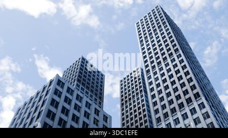 Eine Gruppe hoher Gebäude steht in einem städtischen Bereich unter einem blauen Himmel mit Wolken. Menschen können in der Nähe laufen, wenn die Sonne auf die Stadt scheint. 3D-Rend Stockfoto