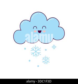 Niedliche Schneewolke Illustration mit Schneeflocken im handgezeichneten Kawaii-Stil Stock Vektor