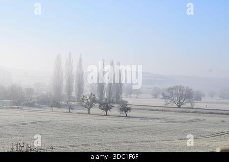 Neuschnee auf den Feldern mit Nebel darüber Stockfoto