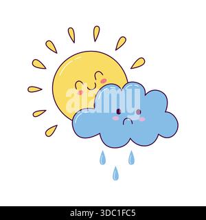 Niedliche Sonne und regnerische Wolke Wetter Illustration in Kawaii Hand gezeichnet Stil Stock Vektor