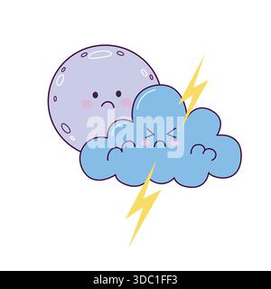 Niedliche Mond- und Sturmwolke mit Blitzen im handgezeichneten Kawaii-Stil Stock Vektor