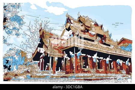 Impressionistische Malerei im Skizzenstil, antike buddhistische Holzkirche im Norden Thailands, digitale Illustration Vektorbild Stock Vektor
