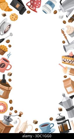 Rechteckiger Kaffee, Rahmen, Kopierraum, vertikale Vorlage für Story und Rollen. Handgezeichnetes Cartoon-Design mit verschiedenen Kaffee-Themen-Objekten. Vektorabbildung Stock Vektor