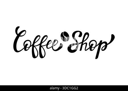 Coffee Shop Typografie, handgeschriebene Schrift mit Kaffeebohne. Vektorabbildung. Café-Bar, Kalligrafie Stock Vektor