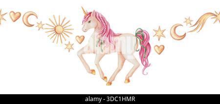 Nahtlose Borte mit niedlichem Einhorn und himmlischen Weihnachtsschmuck in handgezeichnetem Aquarell mit funkelnder Textur. Roségold und Grün sorgen für eine helle Fantasie-Stimmung. Gut für festliche Rahmenschablonen. Stockfoto