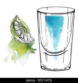 Wodka Zitrus Kamikaze in elektrischen Blau- und Grüntönen, frische Limettenscheiben garniert. Isolierte handgezeichnete Abbildung. Ideal für moderne Cocktails Stockfoto