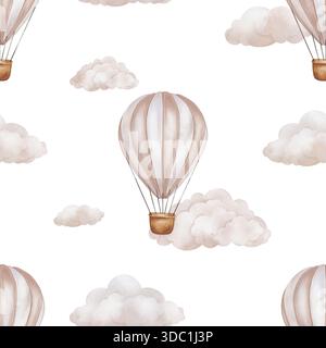 Nahtloses Muster mit Heißluftballons und Wolken am Himmel. Hintergrund mit wiederkehrendem Ornament in Aquarellen für Kinder. Niedliches Muster für kindliches Textildesign Stockfoto
