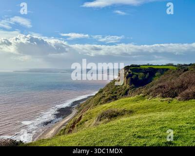 Blick auf die Klippe in der Nähe von Branscombe in East Devon, mit Blick auf die Jurassic Coast und die Küste darunter. Stockfoto