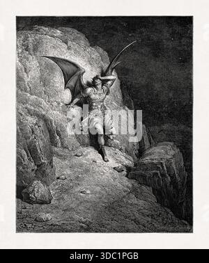 Schwarz-weiß-Gravur von Gustave Doré, der den Fall Satans darstellt und eine Szene aus John Miltons Epos Paradise Lost illustriert. Stockfoto