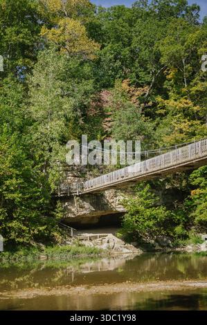 Hölzerne Hängebrücke über den Bach im Turkey Run State Park im Herbst Stockfoto