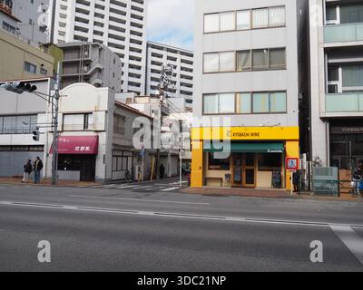 Straßenblick auf Kiyosumi Shirakawa im Dezember mit farbenfroher Weinhandlung und Wohngebäuden in Tokio Stockfoto