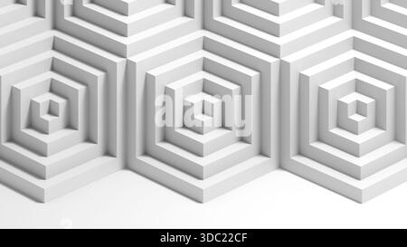 Abstraktes, modernes Wanddesign mit geometrischem sechseckigem Muster mit vertieften, konzentrischen Formen. Eine klare, minimalistische Komposition vermittelt Tiefe und Stockfoto