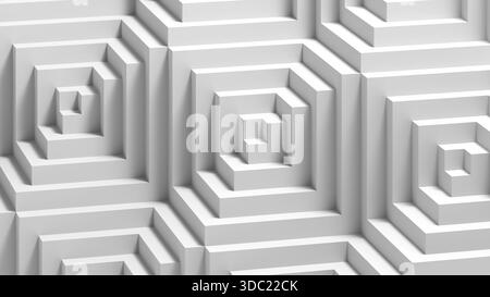 Monochromes abstraktes Muster mit konzentrischen, vertieften Quadraten erzeugt Tiefe und Rhythmus. Minimalistisches Design, ideal für moderne Innenräume und Archit Stockfoto
