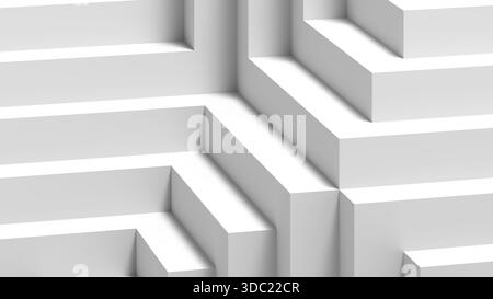 Eine reinweiße Komposition mit abgesetzten weißen Blöcken und scharfen Schatten. Dieser minimalistische architektonische Hintergrund vermittelt Präzision, Balance und Bewegungsfreiheit Stockfoto