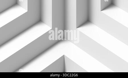 Stark, minimalistische weiße Architekturszene mit scharfen Ecken, langen Schatten und Chevron-Geometrie. Klare, ausgewogene Linien vermitteln Tiefe und Moderne Stockfoto