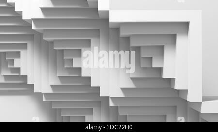 Eine auffällige weiße geometrische Komposition mit geschachtelten quadratischen Treppen, die Tiefe, Symmetrie und ein skulpturales Raumgefühl schaffen. Ideal für moderne Anwendungen Stockfoto
