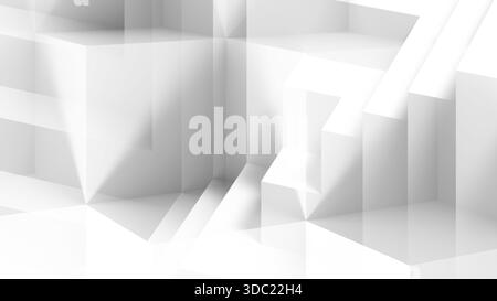 Abstrakte weiße minimalistische Szene mit stufenförmigen Blöcken und dramatischen Lichtstreifen. Klare Linien, Tiefe und architektonische Geometrie erinnern an m Stockfoto