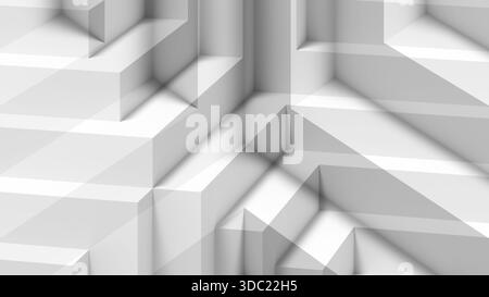 Eine minimalistische, monochrome abstrakte Szene mit stufenförmigen Blöcken und dramatischem Licht. Klare Linien, Tiefe und architektonische Geometrie erinnern an m Stockfoto