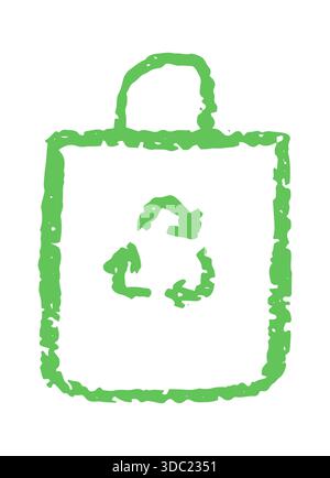 Umweltfreundliche grüne Kreide Zeichnung einer Tasche mit Recycling-Symbol im Inneren. Umweltverträgliches und nachhaltiges Design. Vektorabbildung Stock Vektor