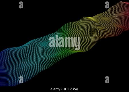 Abstrakte digitale Illustration mit fließenden Neonwellenlinien in Blau, Grün, Gelb und Rot auf schwarzem Hintergrund. Dynamisches Bewegungskonzept für Technologie Stockfoto