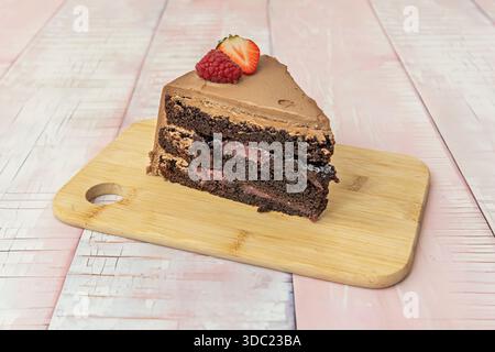 Schokoladen- und Minzkuchen, mit einem Schokoladenschwamm, einer Minzcremefüllung und einem Schokoladenganache-Topping mit frischen Minzblättern Stockfoto