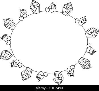 Cupcake mit Kirschen Rahmen oval Valentinstag. Vektorgrafik-Linie in Schwarzweiß-Illustration. Für Poster, Einladung, Hintergrund, Werbung, Verkaufsaktionen Stock Vektor