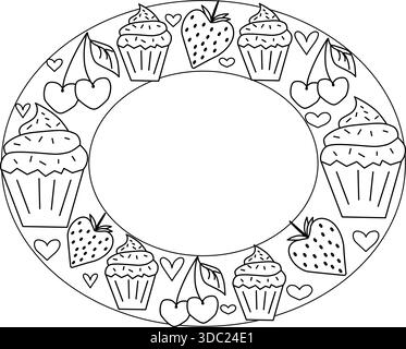 Cupcake mit Kirschen, Erdbeeren und Herzen. Rahmen Oval Valentinstag. Vektorgrafik-Linie in Schwarzweiß-Illustration. Design für Paket, Kosmos Stock Vektor