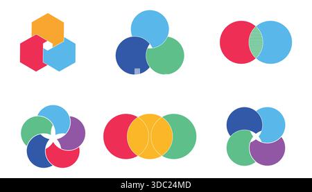 Infografik-Abschnitte des grafischen Venn-Diagramms. Überlappende Kreisformen Kreise Diagrammlinien Set. Venn-Diagramme mit überlappenden Kreisen, die einen gemeinsamen Bereich zeigen, zur Infografik. Vektorabbildung Stock Vektor
