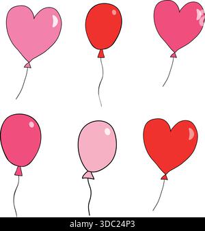 Niedliche handgezeichnete Vektorballons für Grußkarten und zum Valentinstag in rosa und roten Farben mit schwarzen Umrissen Stock Vektor