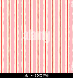 Vertikales rosafarbenes und rotes dickes und dünnes, ungleichmäßiges, gezacktes Streifen-Vektor-nahtloses Muster, gestreifter Hintergrund für Textil- und Papierdesign Stock Vektor