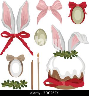Handgezeichnete Osterkollektion mit Osterkuchen, Kerzen und gefärbten Eiern, Bögen und Hasenohren Stock Vektor