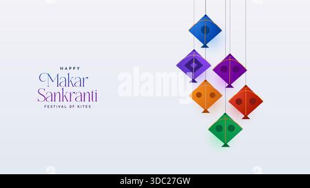 Indisches Festival Happy Makar Sankranti Poster Design mit Gruppe von bunten Drachen. Vektorgrafik. Makar Sankranti Designelemente mit Hap Stock Vektor