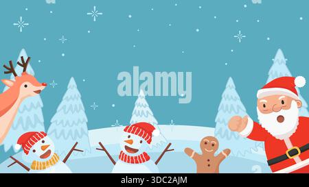 Frohe Weihnachten Illustration Santa Claus Rentier Schneemann Lebkuchen Winterszene. Vektorbanner Stock Vektor