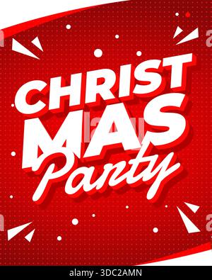 Ein festliches Grafikdesign mit dem Text „Christmas Party“ in kräftigen, weißen Buchstaben auf einem leuchtend roten Hintergrund mit dekorativen Elementen. Stock Vektor