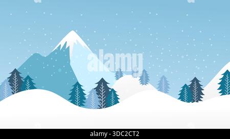 Winterhintergrund Vektor-Illustration Naturlandschaft mit Berg und Bäumen und Schneefall. Vektorgrafik Stock Vektor