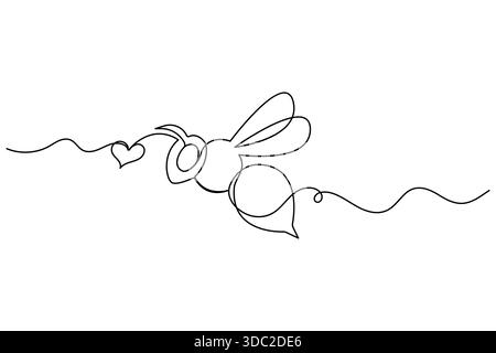 Durchgehende Linienzeichnung der fliegenden Biene mit Herz und eleganter minimalistischer Umrissdarstellung Stock Vektor