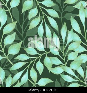 Nahtloses Muster mit anmutigen türkisfarbenen Blättern an Zweigen. Botanische Illustration mit Aquarell. Handgezeichnete isolierte Kunst. Blauer Hintergrund für Textilien Stockfoto