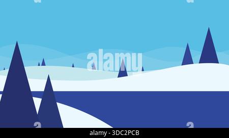 Einfache und minimalistische Winterlandschaft flache Illustration mit gefrorenem blauem See und Kiefer auf einem schneebedeckten Land und klarem blauem Himmel. Stock Vektor