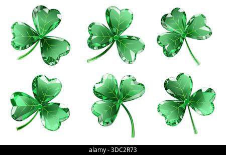 Set aus sechs grünen Schamrocks mit facettierten, juwelenartigen Blättern auf weißem Hintergrund im digitalen Kunststil. Stock Vektor