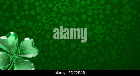 St. Patricks-Tagesillustration in flachem Stil mit grünem Hintergrund und Kleemuster. Stock Vektor