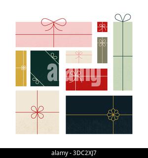 Weihnachtsgrußkarte mit geometrischen Geschenken. Für Einladung, Poster, Werbung. Vektorillustration, flache Ausführung Stock Vektor