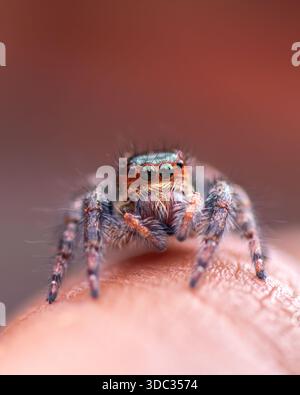 Eine schöne springende Spinne, die auf der Hand einer Person sitzt Stockfoto