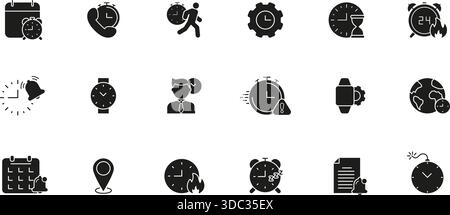Festes Symbolset Für Zeitmanagement Und Terminierung. Sammlung Von Symbolen Für Effiziente Planung, Terminverfolgung Und Globale Zeitkoordination Stock Vektor