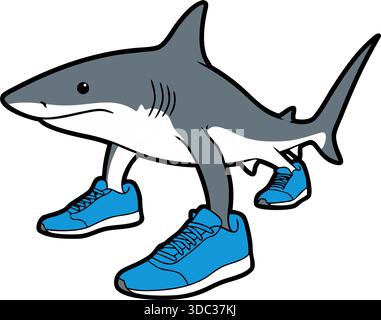 Ein lustiger Karikaturhai, der blaue Sneakers auf den Flossen trägt. Humorvolle Vektor-Illustration eines laufenden Fischcharakters isoliert auf weißem Hintergrund. Stock Vektor