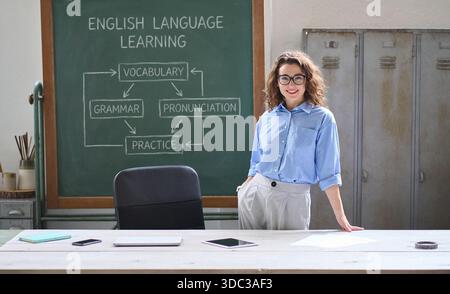 Junge Lehrerin an der Schule, die im Klassenzimmer vor der Tafel am Schreibtisch steht. Stockfoto