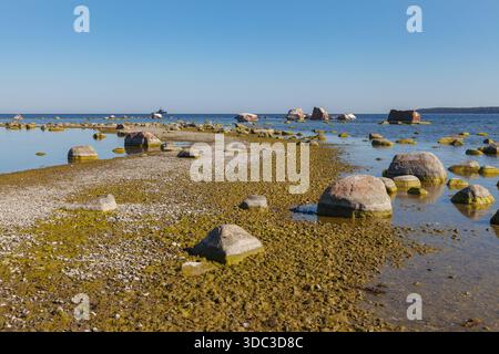 Schmale Steinlinie, die bei Ebbe einen natürlichen Pfad über flaches Küstenwasser bildet. Stockfoto
