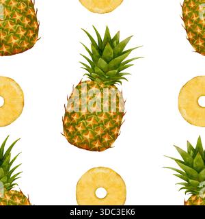 Ananasringe Aquarellwiederholmuster Ideal Für Textilien, Tapeten, Schreibwaren Und Verpackungen. Gleichmäßig angeordnete Ananas und in Scheiben geschnittene Ringe auf Clean White Canvas erzeugen ein handgezeichnetes nahtloses Aquarellmuster. Stockfoto